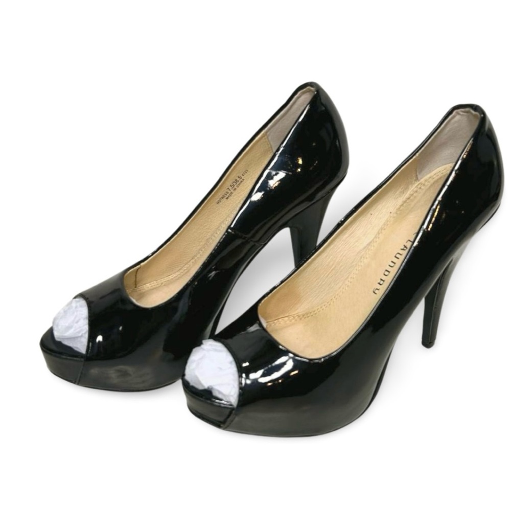 Chinese Laundry patent black peep toe heels